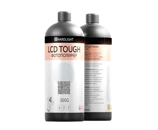 Серый фотополимер HARDLIGHT LCD TOUGH, 0.5 кг Прочный полимер со средней вязкостью и низкой усадкой - позволяет изготавливать изделия с требованиями к прочности на изгиб.