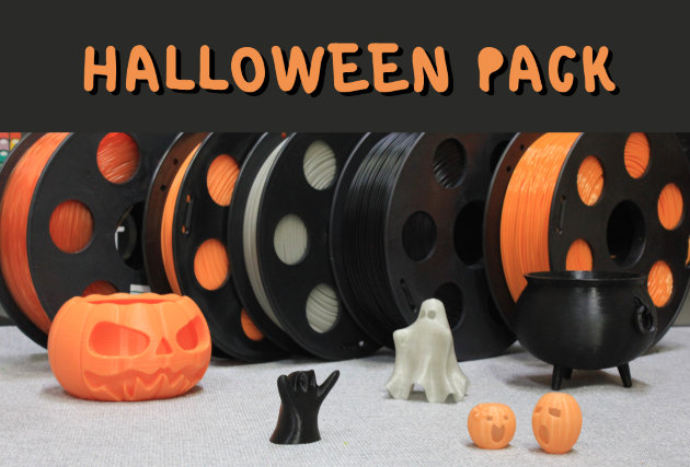 Halloween pack (5 катушек)  ​5 катушек пластика:
​ABS, 1 кг,​ черный;
PETG, 1 кг, оранжевый;
Watson, 1 кг, оранжевый;
PLA, 0.5 кг, светящийся в темноте, бирюзовый;
PLA, 0.5 кг, светящийся в темноте, лимонный​
